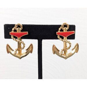 Vintage Avon‎ Anchor Earrings Red Enamel Gold Tone Clip On Nautical Retro